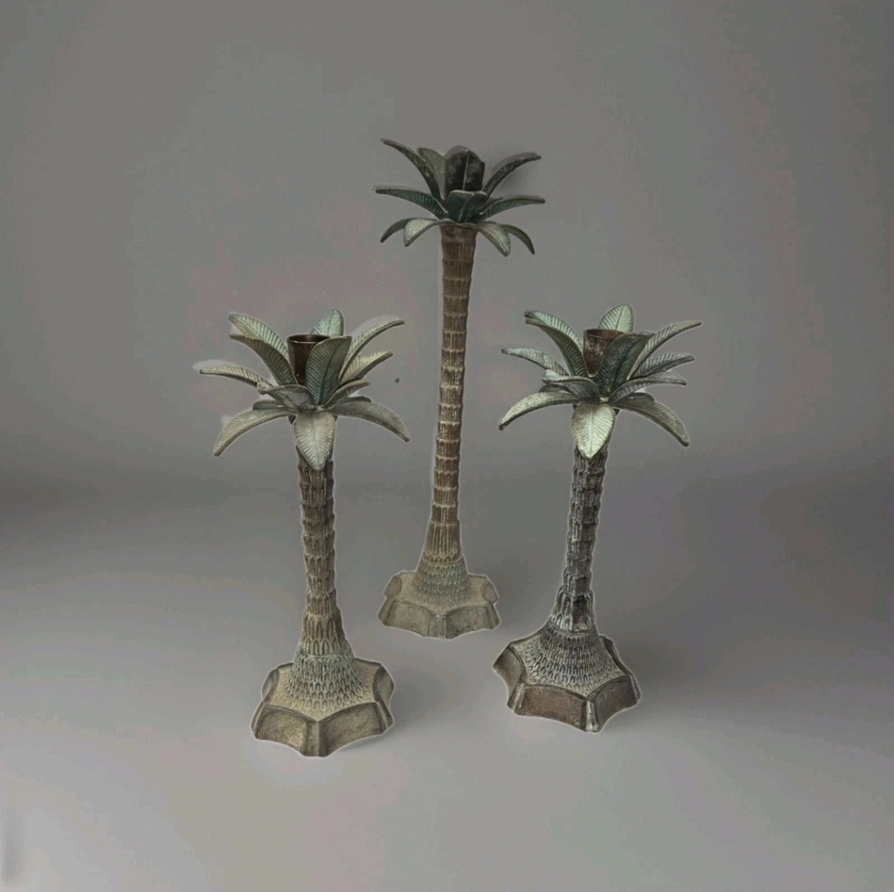 Tropical Palm Tree Candle Holders - Green and Brown